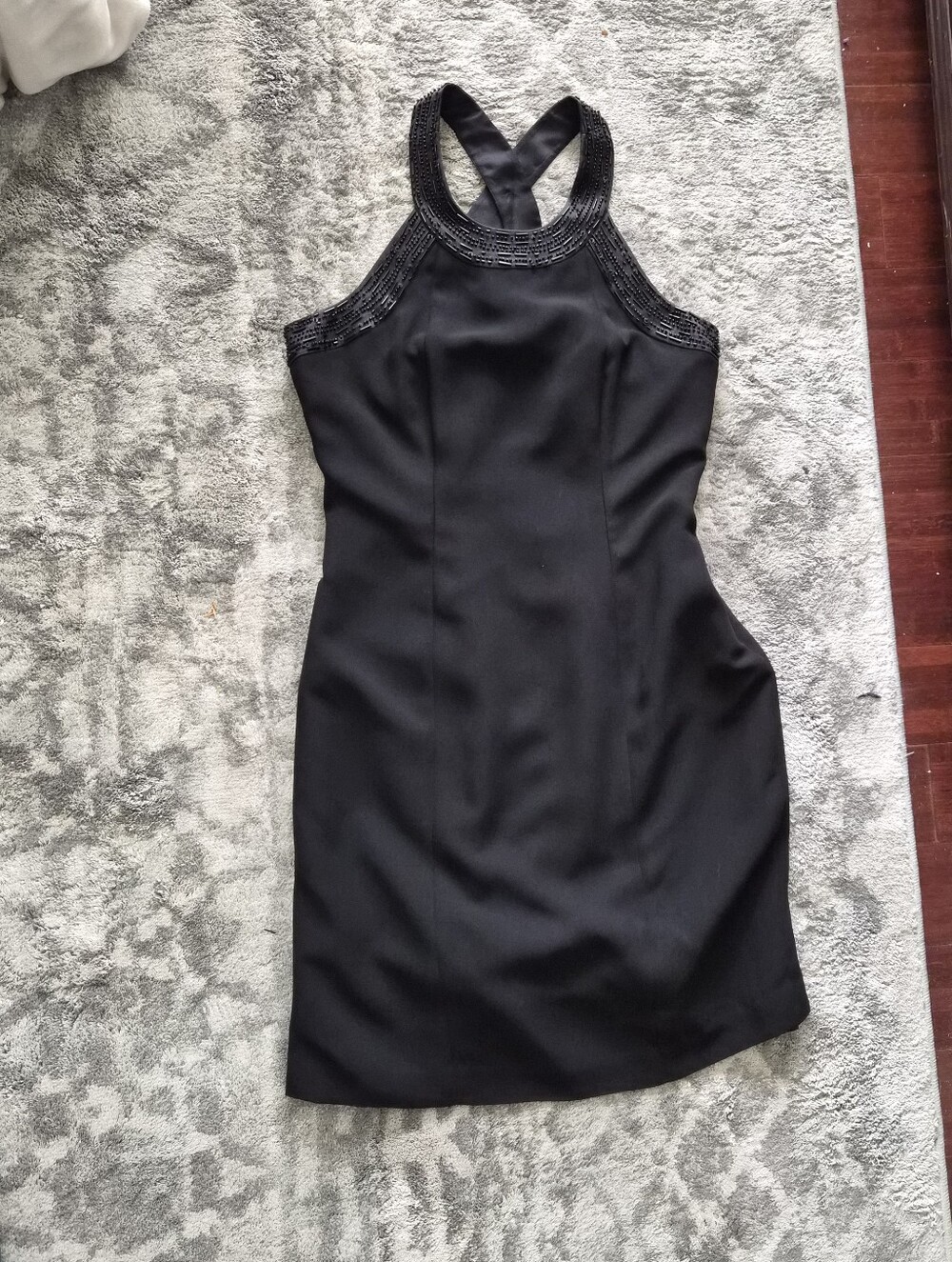 Classic Black Cocktail Dress Beaded Neck Line Crossed Back Steaps